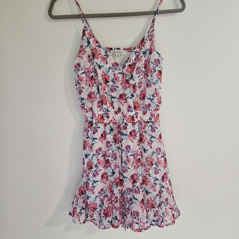 Francesca's White Ruffle Floral A Line Dress Pink Spaghetti Strap XS Flowy Twirl
